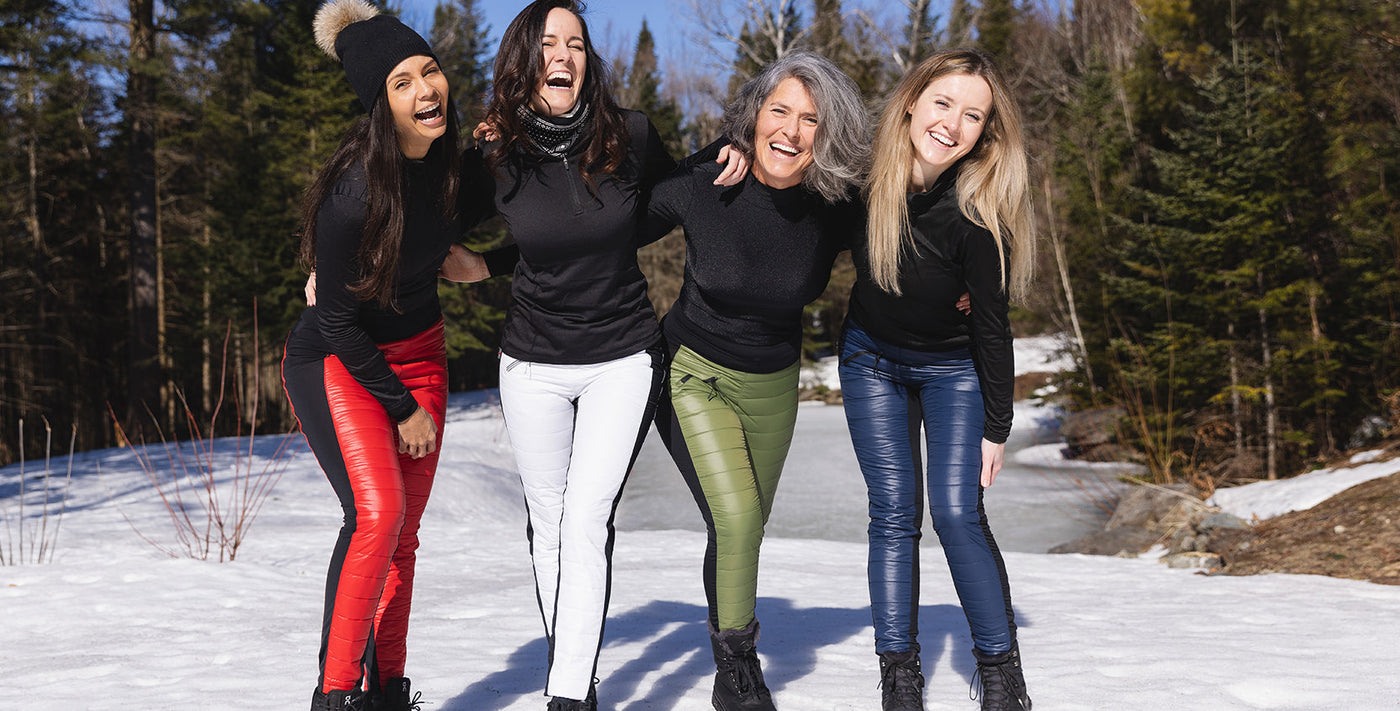 four women laughing, wearing the Luna pants
