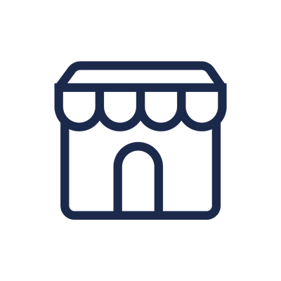 Navy blue icon of a store front with an awning on a white background